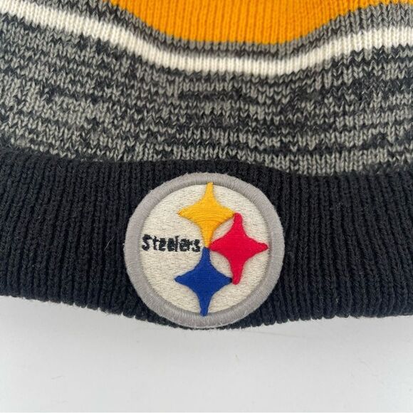NFL x ‘47 Brand Kid’s Pittsburgh Steelers Black Gold Knit Pom Pom Beanie Hat OS - Picture 2 of 9